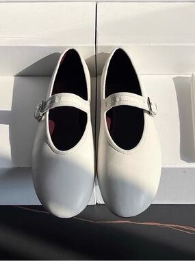 The Row White Mary Jane Leather Flats